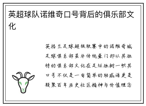 英超球队诺维奇口号背后的俱乐部文化