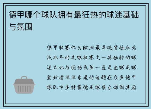 德甲哪个球队拥有最狂热的球迷基础与氛围