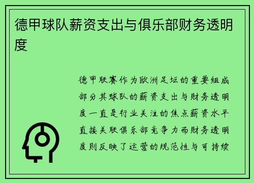 德甲球队薪资支出与俱乐部财务透明度
